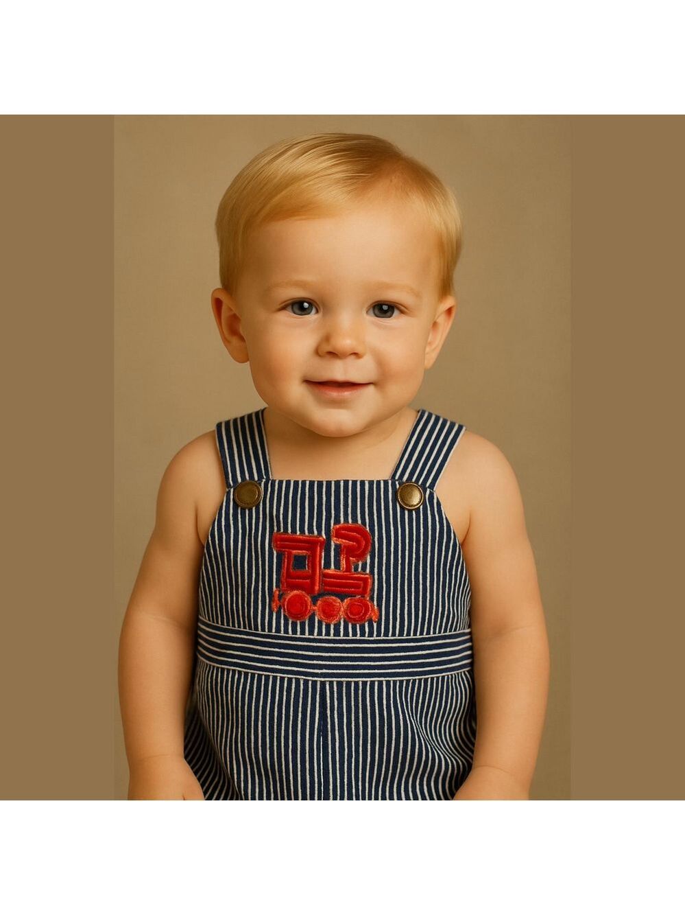 Vintage children's Sears blue and white stripe overalls chest pocket red train